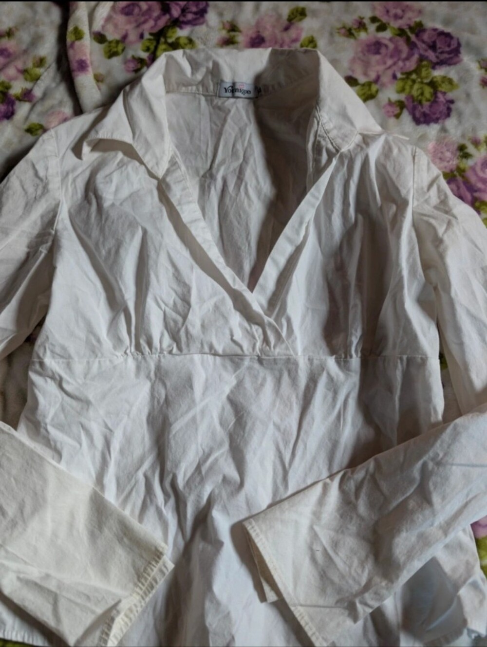 Younique White Button-Up Shirt with Subtle Pink Heart Logo